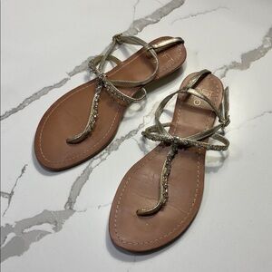 LOFT Women’s Gold Jeweled T-Strap Thong 1” Heel Flat Sandals Beaded Size 7